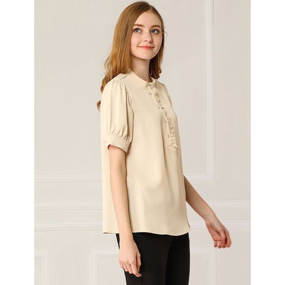 Top Puff Sleeve Half Placket Ruffled Shirt Blouses Apricot - Picture 4 of 6